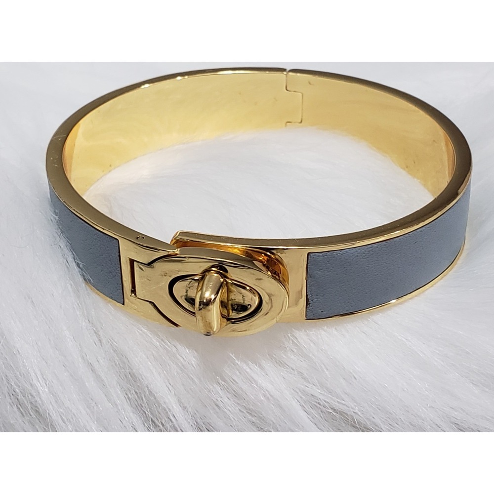 COACH Women's Hinged Bangle Bracelet Turnlock Baby Blue saffiano leather gold